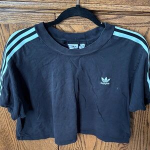 Adidas Women’s Cropped Black Tee with Light Blue Stripes